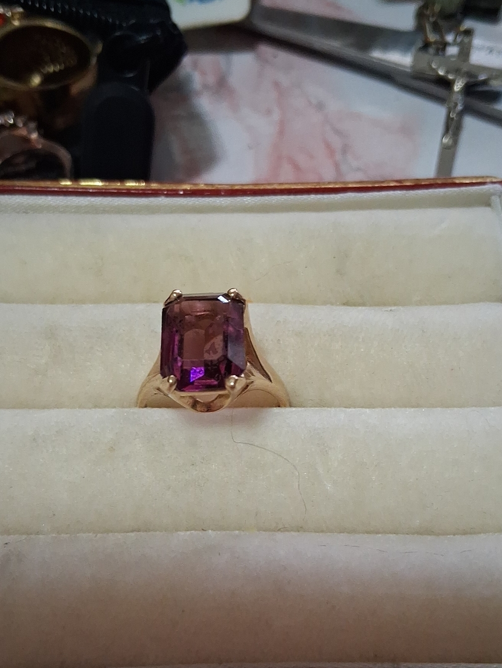 14 K Gp Gold Ring with Purple Emerald-Cut Gemstone - Women's Fashion Ring